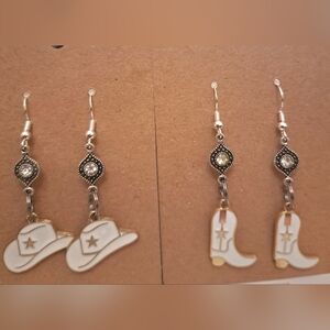 Western Boots, Hats, And Bling 2 Pair Earring Bundle In Cream With Rhinestones